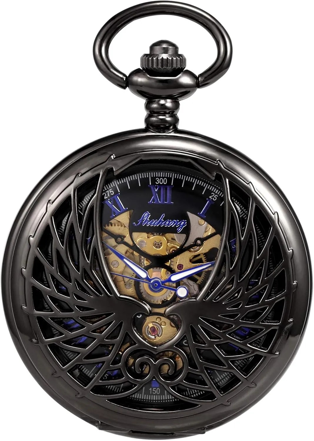 Case Roman Numeral with Chain Gift Box Men's Women's Pocket Watch Mechanical Skeleton Eagle Wings absorb Double Hollow 