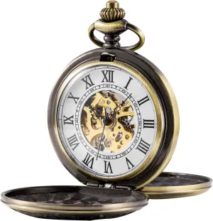 Case vain shelf Roman Numerals ROLTIN Antique Mens Pocket Watch Skeleton Mechanical Golden/Bronze/Silver Double 