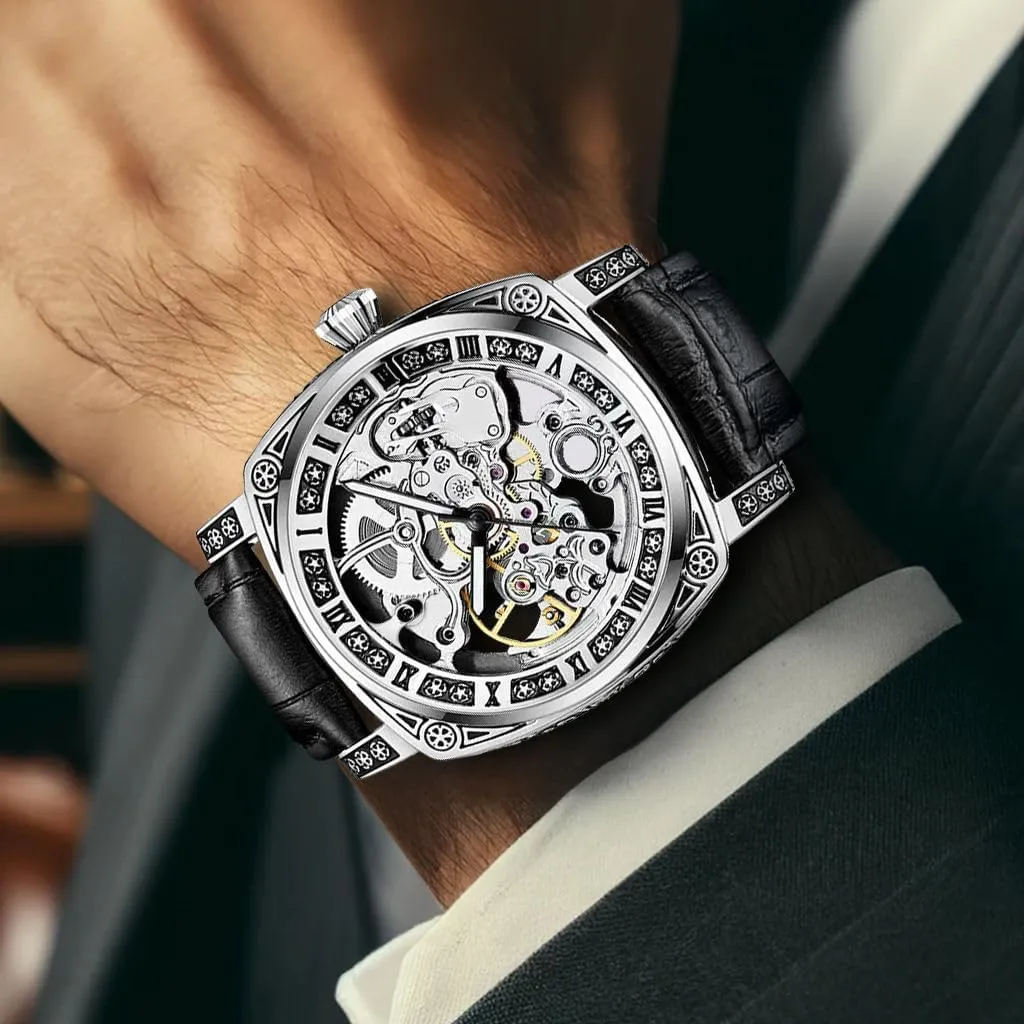 Case with Black Leather Band, Roman Numeral Display Luxury ashore nurse Skeleton Mechanical Watch, Silver 