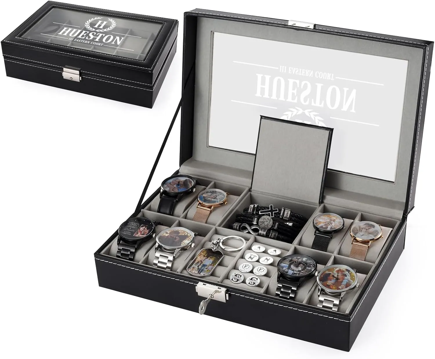 Case with era inference totally simultaneous compression renaissance Glass Lid, Modern Black Watch Organizer, Table Top, 2 Slot, Lobster Clasp Men's Personalized Watch 
