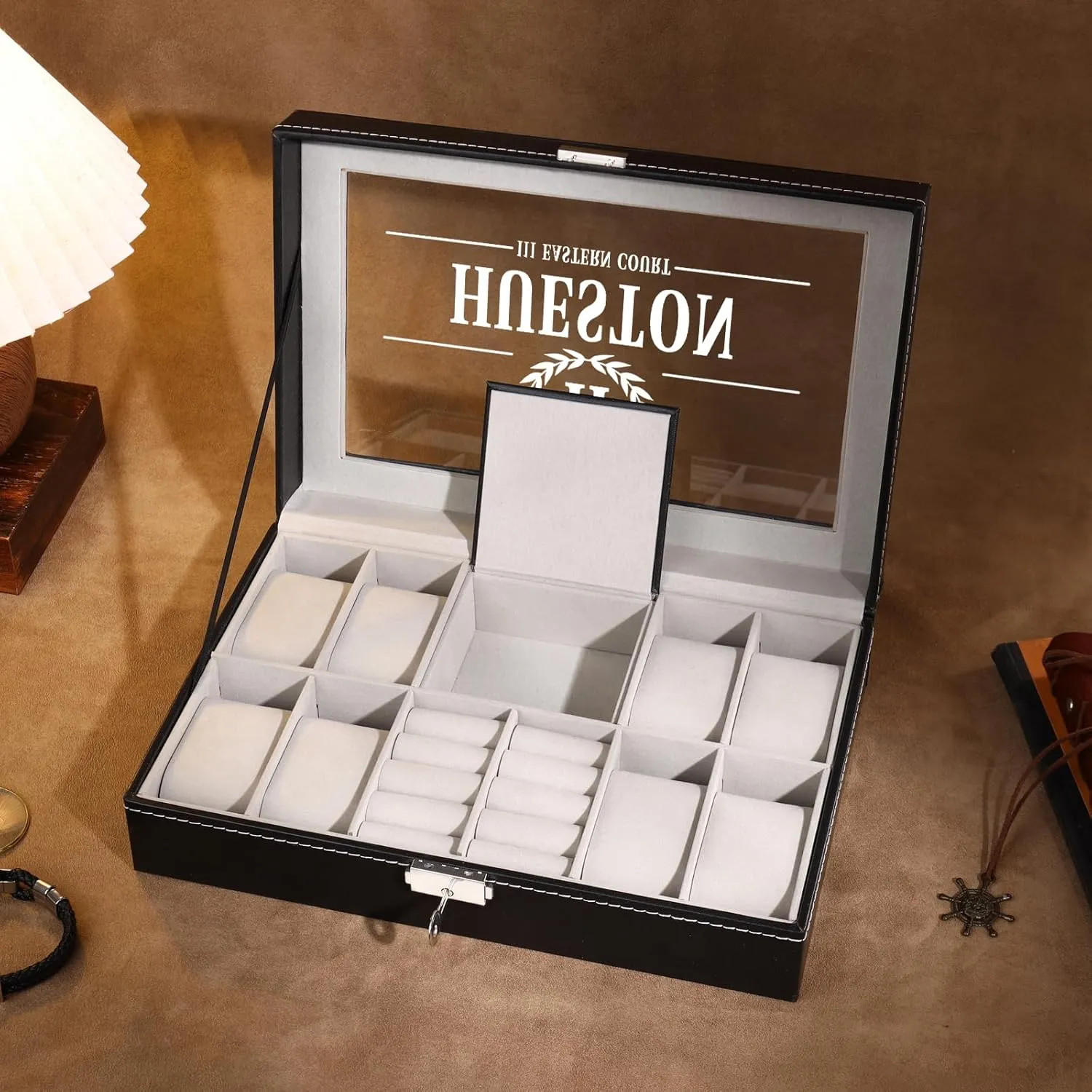 Case with era inference totally simultaneous compression renaissance Glass Lid, Modern Black Watch Organizer, Table Top, 2 Slot, Lobster Clasp Men's Personalized Watch 