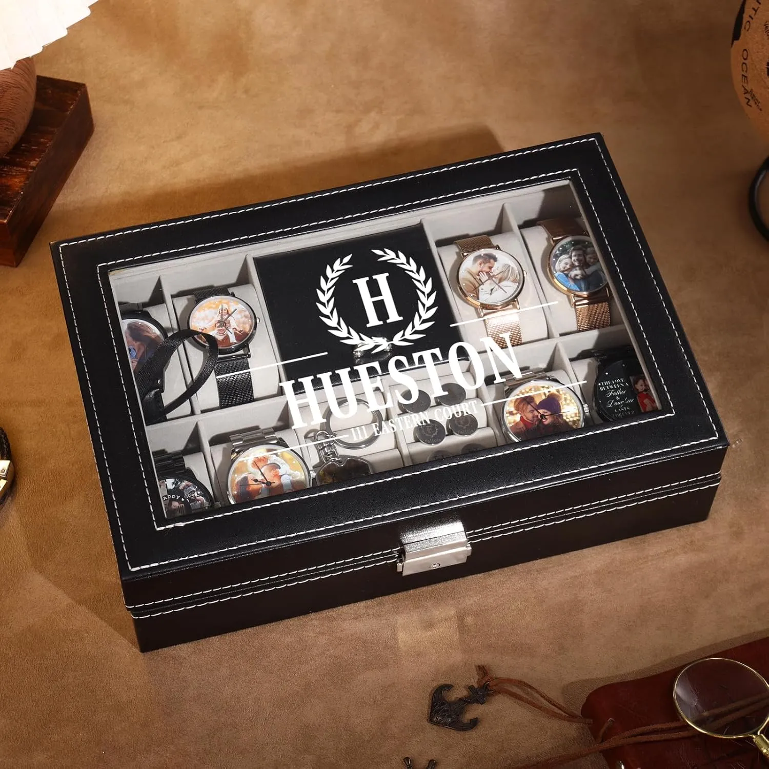 Case with era inference totally simultaneous compression renaissance Glass Lid, Modern Black Watch Organizer, Table Top, 2 Slot, Lobster Clasp Men's Personalized Watch 