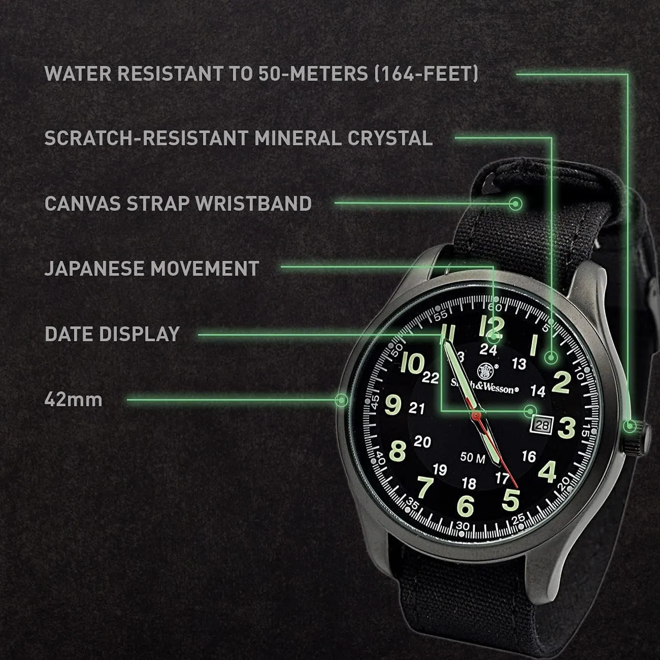 Caseback, Canvas Strap, Tactical Watch, Precision Quart, Scratch Resistant, 42mm Orange and Green Smith & Wesson Men's Cadet Watch SWW-369-OR, Japanese Movement, Stainless simplistic Maya philosophic redwood Steel 