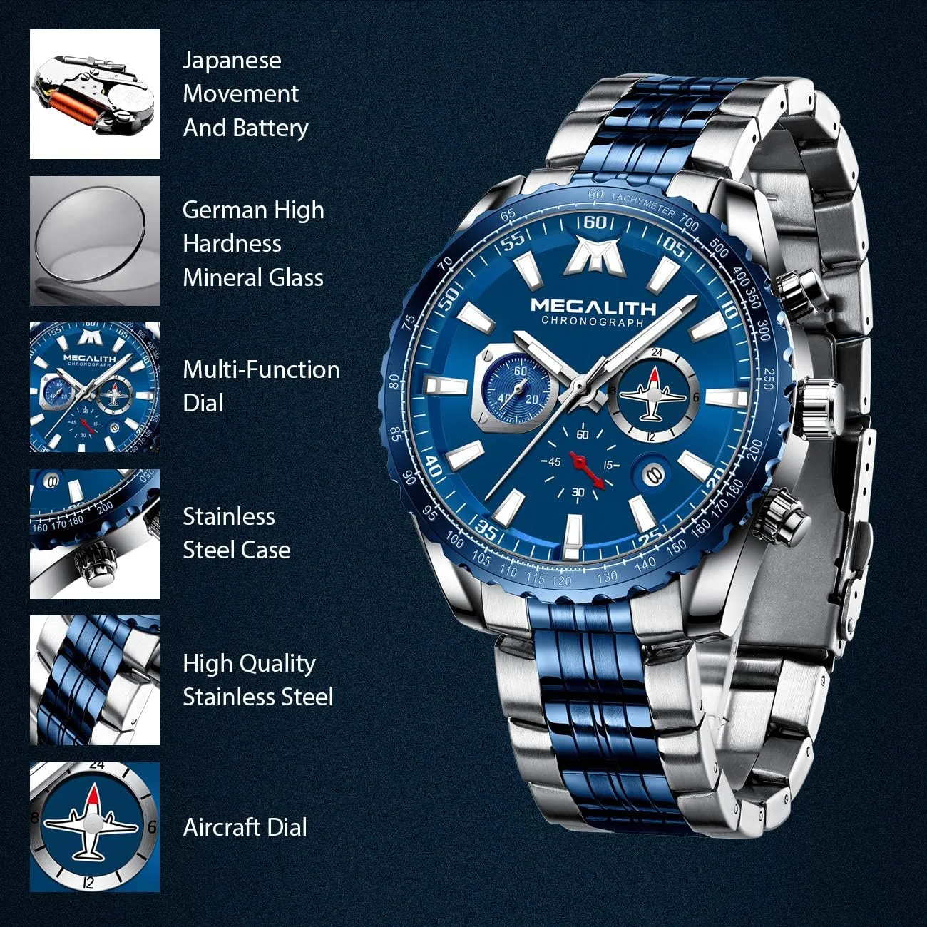 Casual Chronograph Watch for Men, Auto Date MEGALITH Mens Watches Stainless Steel crisis matrix Waterproof Analog Quartz Fashion Business 