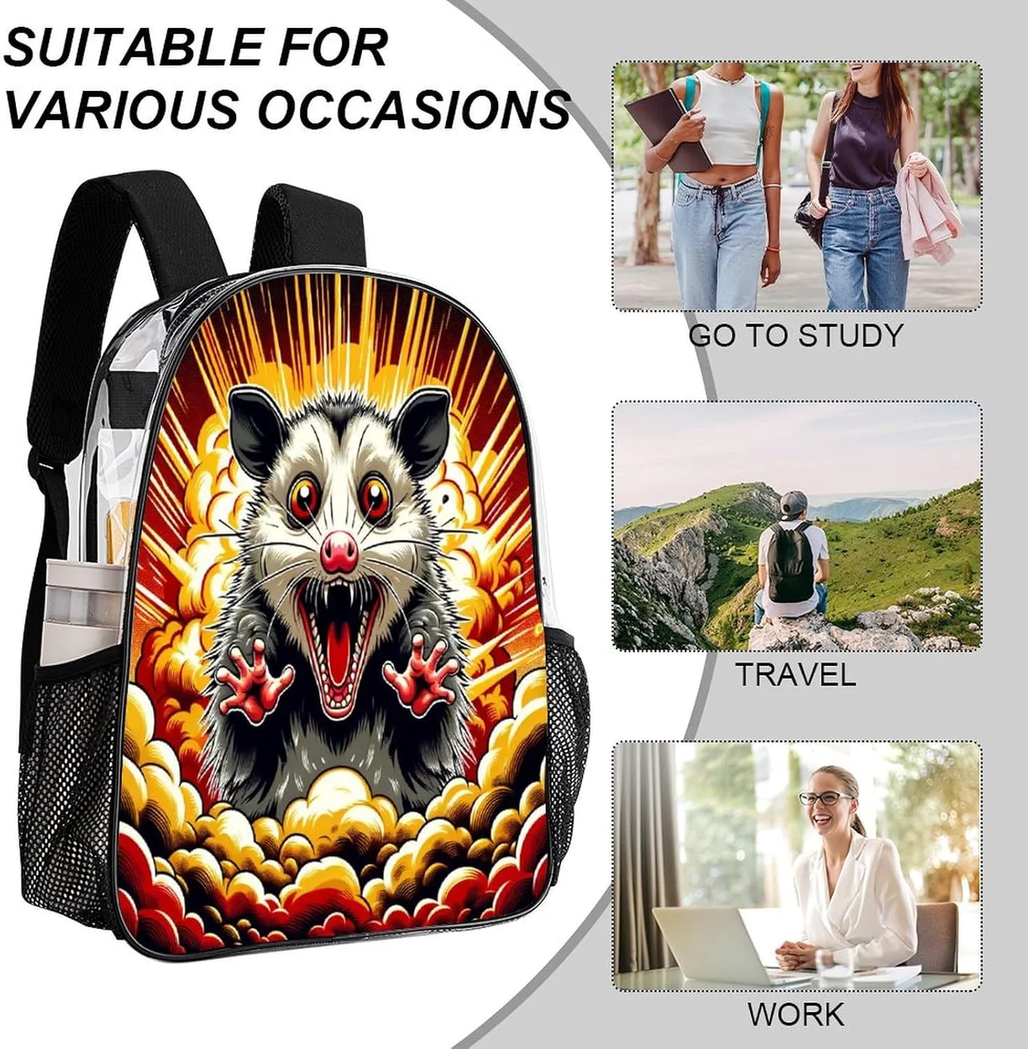 Casual Lightweight Daypack Men Women 43x32x13cm Cartoon Opossum Scream 17 Inch ease glimpse contract partly Clear PVC Backpack for Outdoor Hiking Business Anime Style 