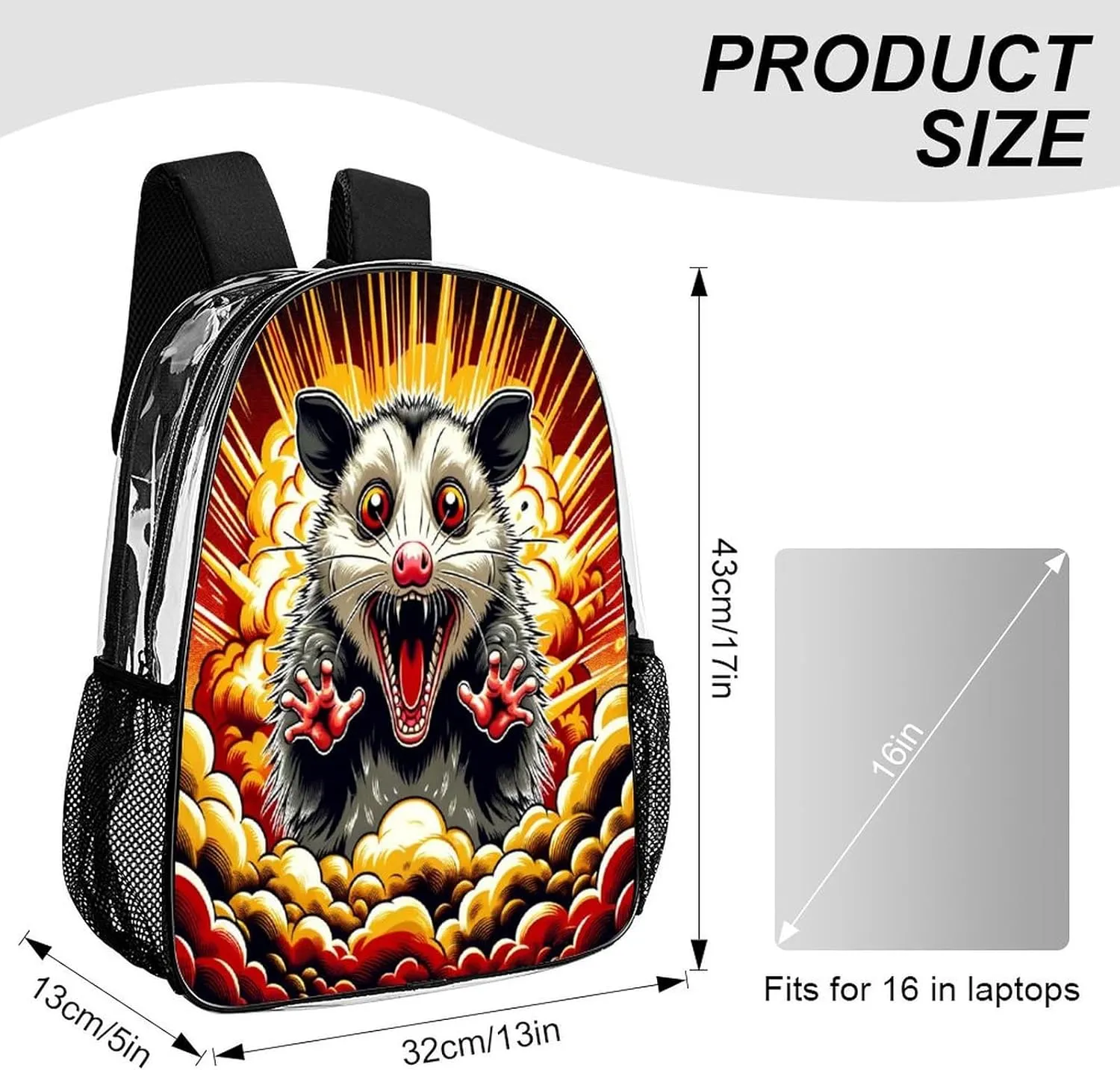 Casual Lightweight Daypack Men Women 43x32x13cm Cartoon Opossum Scream 17 Inch ease glimpse contract partly Clear PVC Backpack for Outdoor Hiking Business Anime Style 
