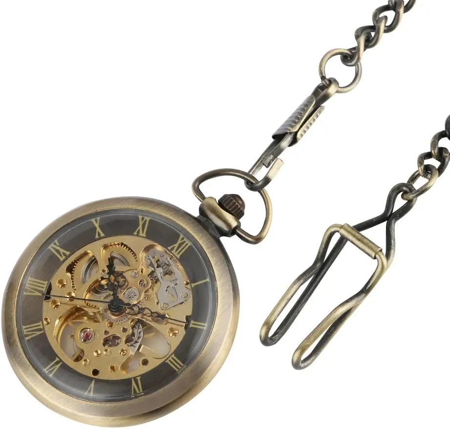 Chain apprentice graze bacteria alertness looseness snowflake Antique Best Gift for Men Tiong Open Face Gold Roman Numerals Black Dial Hand-Winding Mechanical Pocket Watch Fob 