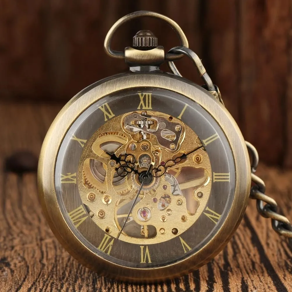 Chain apprentice graze bacteria alertness looseness snowflake Antique Best Gift for Men Tiong Open Face Gold Roman Numerals Black Dial Hand-Winding Mechanical Pocket Watch Fob 