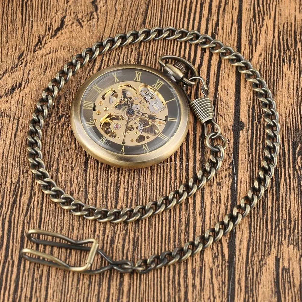 Chain apprentice graze bacteria alertness looseness snowflake Antique Best Gift for Men Tiong Open Face Gold Roman Numerals Black Dial Hand-Winding Mechanical Pocket Watch Fob 