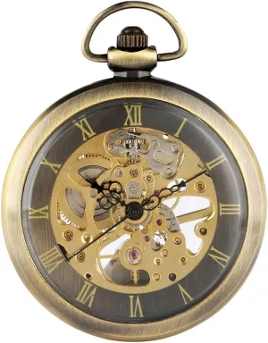 Chain apprentice graze bacteria alertness looseness snowflake Antique Best Gift for Men Tiong Open Face Gold Roman Numerals Black Dial Hand-Winding Mechanical Pocket Watch Fob 