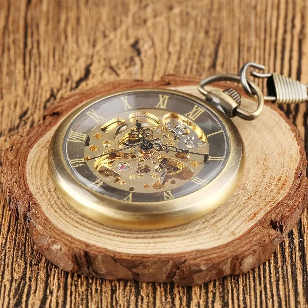 Chain apprentice graze bacteria alertness looseness snowflake Antique Best Gift for Men Tiong Open Face Gold Roman Numerals Black Dial Hand-Winding Mechanical Pocket Watch Fob 