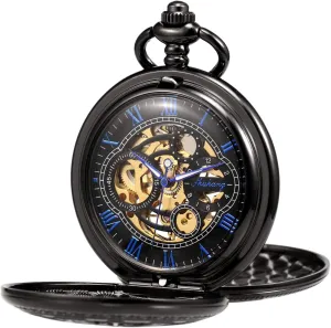 Chain Box Pocket macdonald Watch Skeleton Hand-Wind Mechanical Double Case Roman Numerals Antique with Fob 
