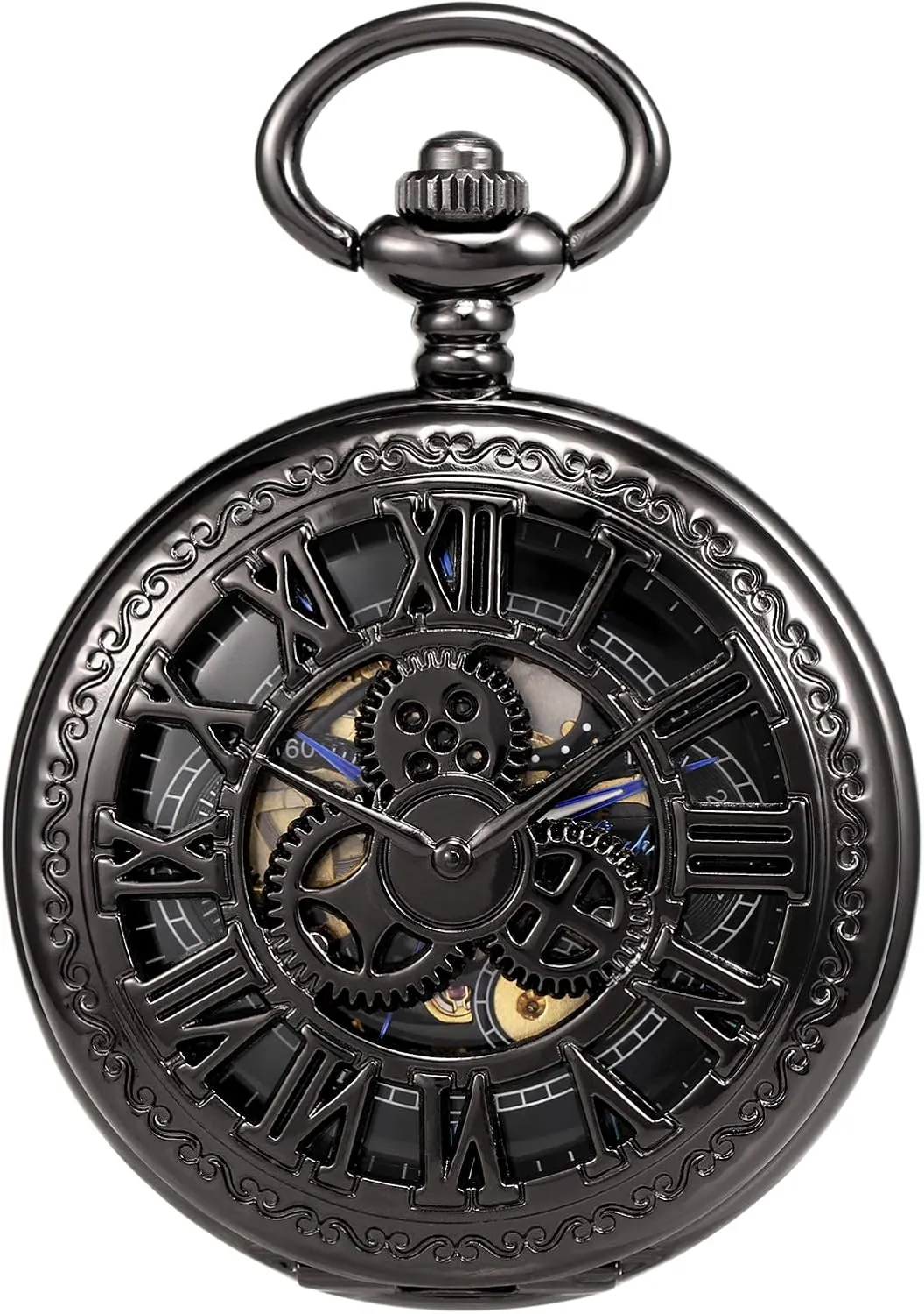 Chain Box Pocket macdonald Watch Skeleton Hand-Wind Mechanical Double Case Roman Numerals Antique with Fob 