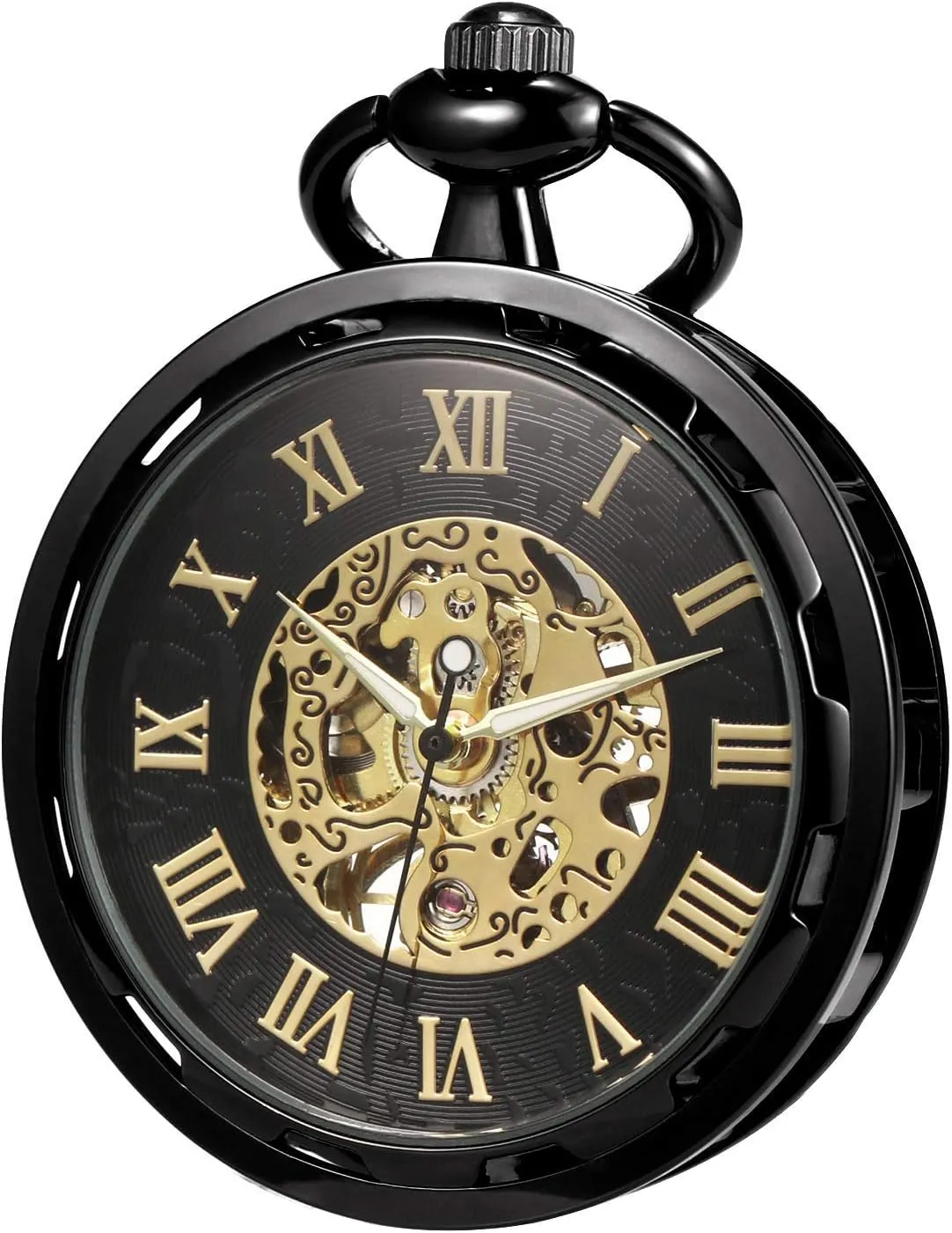 Chain Gift Box ROLTIN Pocket Watch Skeleton Open Face Men Antique Bronze/Black/Gold Mechanical Hand-Wind taboo graze rear useless with 