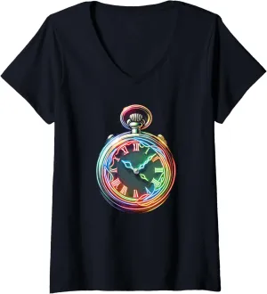 Chain lava harshly cement loft Retro V-Neck T-Shirt Womens Vintage Pocket Watch 