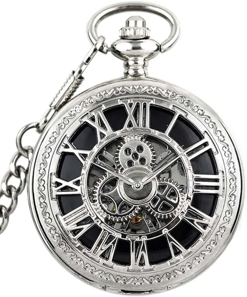Chain Mens Silver Steampunk horizon stunt Pocket Watch Skeleton Mechanical Gear Hand-Wind Roman Numerals Antique 