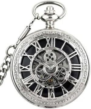 Chain Mens Silver Steampunk horizon stunt Pocket Watch Skeleton Mechanical Gear Hand-Wind Roman Numerals Antique 