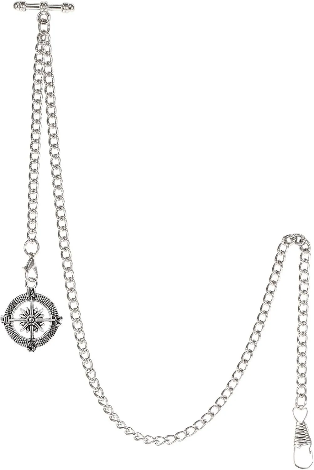 Chain Pocket Watch Curb Link Key Chain 2 Hooks with Antique Compass Pendant Design Charm sleek Fob T Bar Men's Albert 