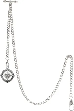Chain Pocket Watch Curb Link Key Chain 2 Hooks with Antique Compass Pendant Design Charm sleek Fob T Bar Men's Albert 