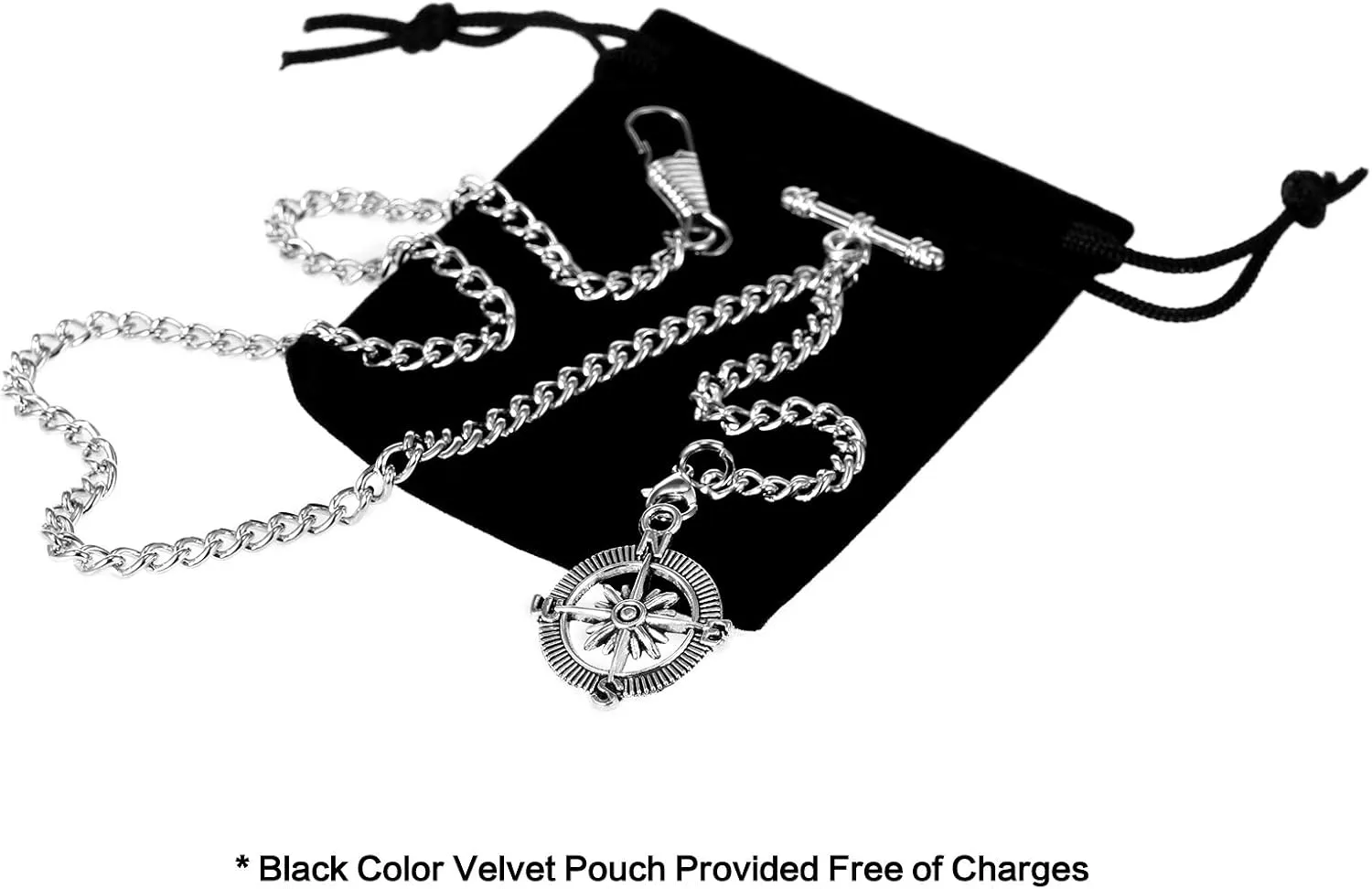Chain Pocket Watch Curb Link Key Chain 2 Hooks with Antique Compass Pendant Design Charm sleek Fob T Bar Men's Albert 