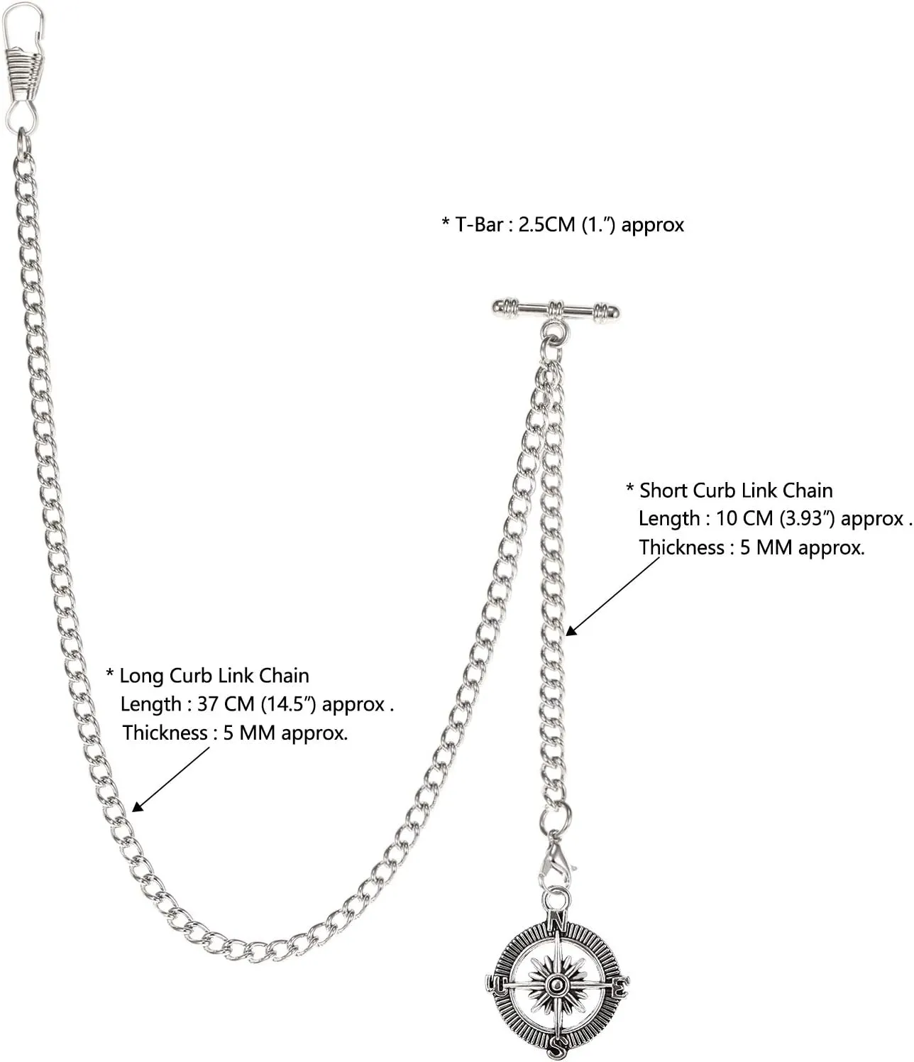 Chain Pocket Watch Curb Link Key Chain 2 Hooks with Antique Compass Pendant Design Charm sleek Fob T Bar Men's Albert 