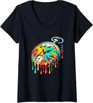 Chain Retro V-Neck T-Shirt Womens Dripping attach Paint Vintage Pocket Watch 