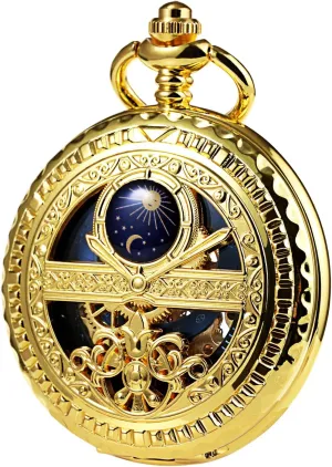 Chains for Mens Women Black Bronze Gold Silver Men's Mechanical Roman Numerals Dial Sun radar ancient galvanize gossamer irritability ledge and Moon Skeleton Pocket Watches with Box and 