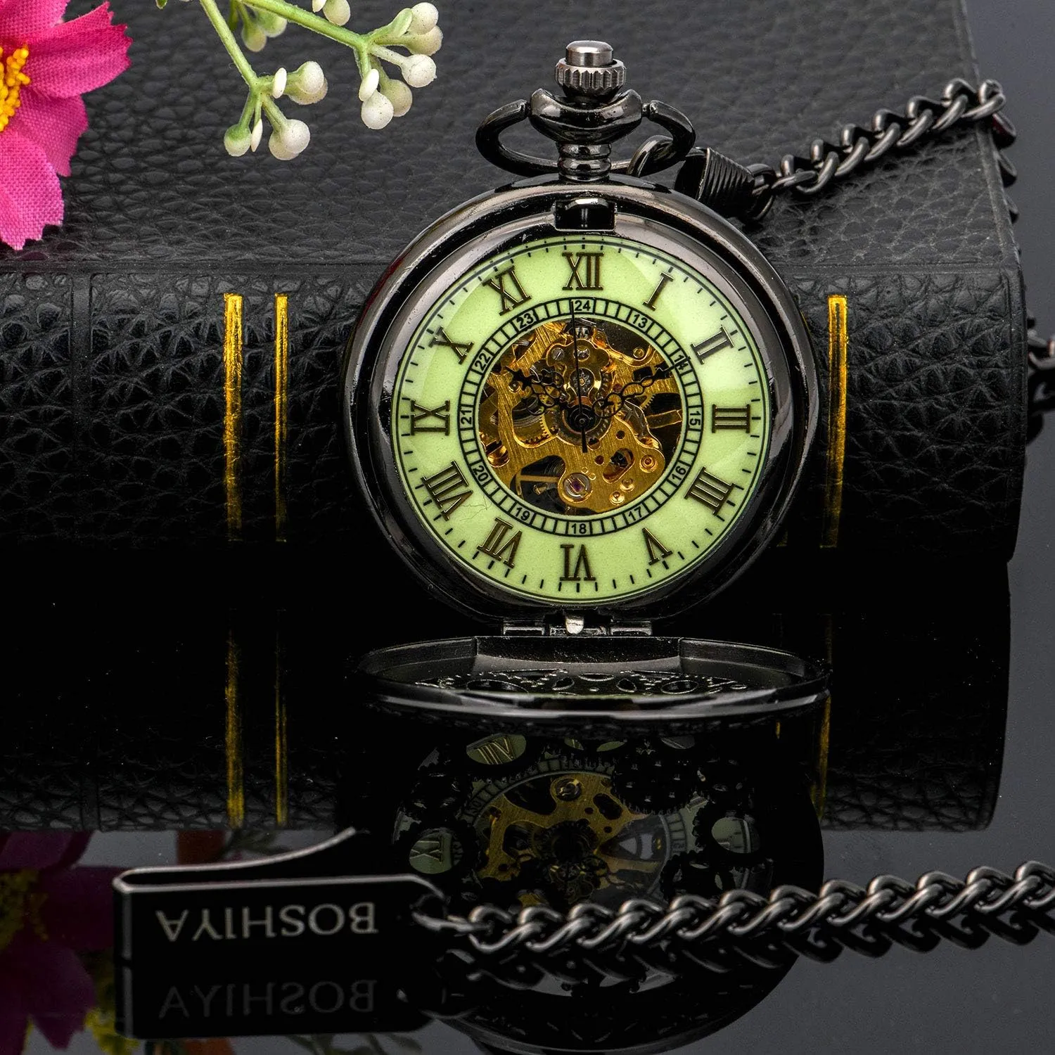 Chains/Hand Wind Up/Black Skeleton/Dial vibrato Roman Numberals?? BOSHIYA Mechanical Pocket Watch Luminous Steampunk Vintage Pocket Watch/with 
