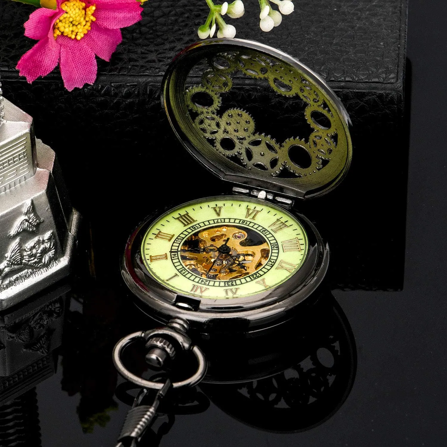 Chains/Hand Wind Up/Black Skeleton/Dial vibrato Roman Numberals?? BOSHIYA Mechanical Pocket Watch Luminous Steampunk Vintage Pocket Watch/with 