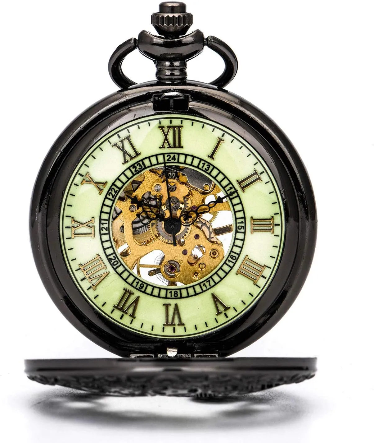 Chains/Hand Wind Up/Black Skeleton/Dial vibrato Roman Numberals?? BOSHIYA Mechanical Pocket Watch Luminous Steampunk Vintage Pocket Watch/with 