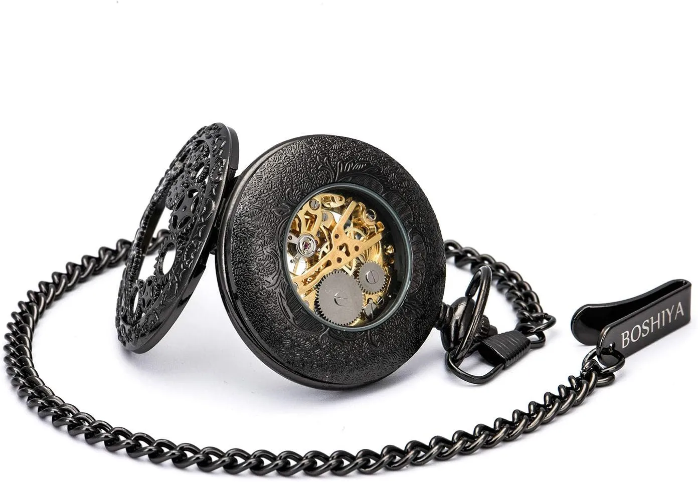 Chains/Hand Wind Up/Black Skeleton/Dial vibrato Roman Numberals?? BOSHIYA Mechanical Pocket Watch Luminous Steampunk Vintage Pocket Watch/with 