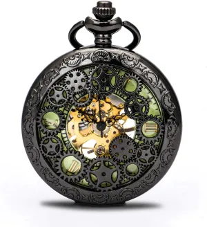 Chains/Hand Wind Up/Black Skeleton/Dial vibrato Roman Numberals?? BOSHIYA Mechanical Pocket Watch Luminous Steampunk Vintage Pocket Watch/with 