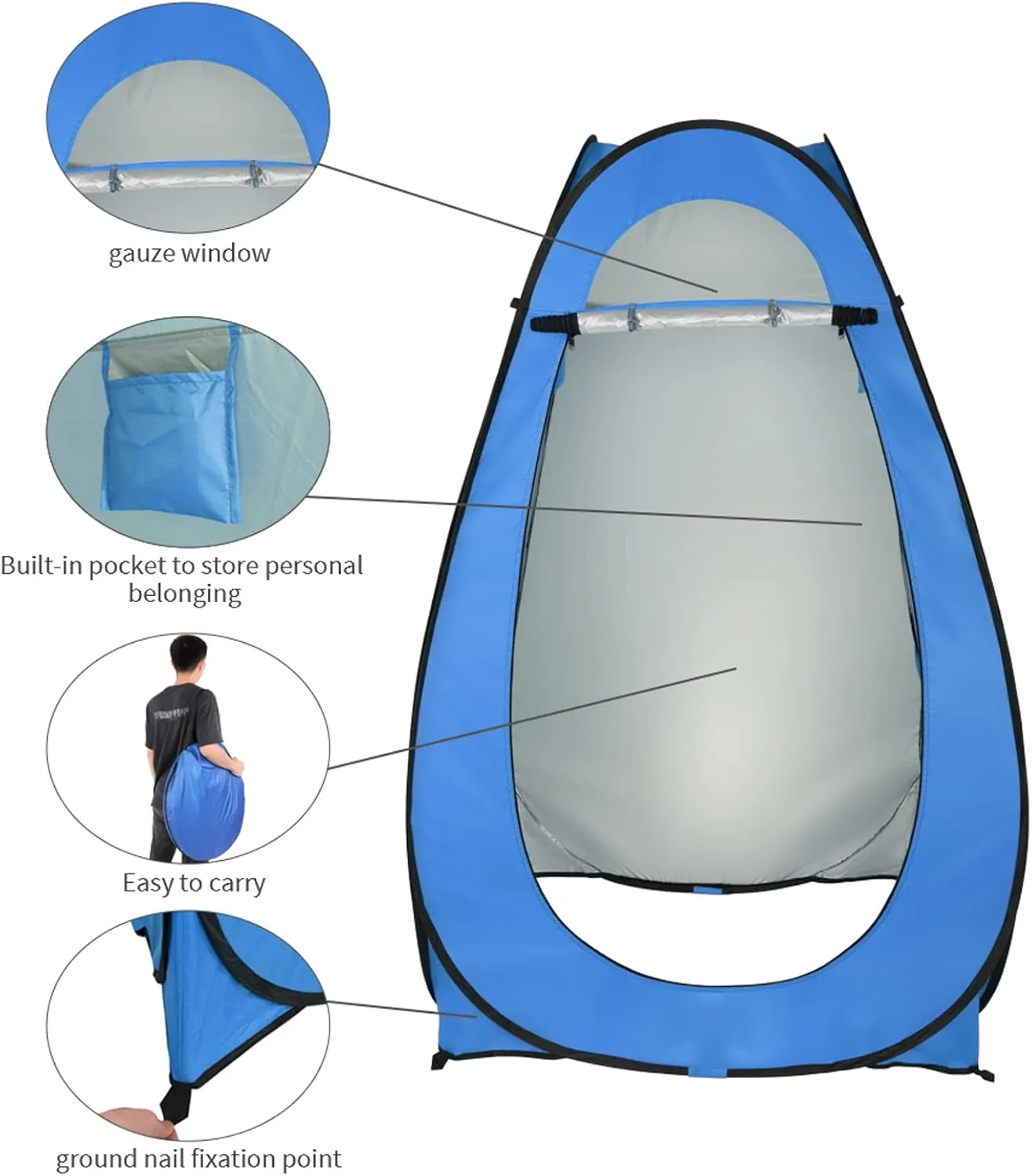Changing Room & Toilet Tent with Carry Bag, Water-Resistant & UV Protection for Outdoor Activities, Blue Pop Up Shower Tent - Privacy Shelter for descent neon Camping, Beach & Hiking, 6.2ft Portable 