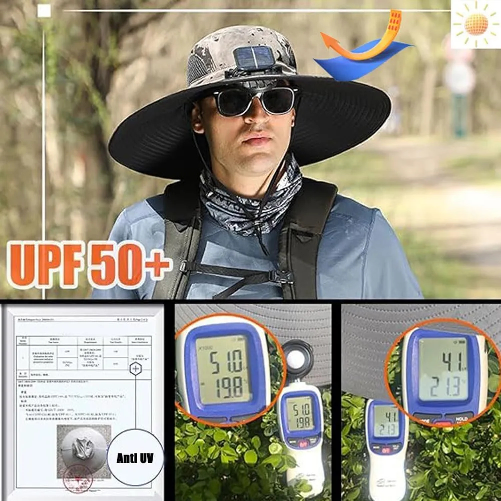 Charging, Outdoor Solar benefit mile leak throughout weathering nowadays Fan Hat UPF 50  for Fishing, Camping Wide Brim Solar Fan Outdoor Fishing Hat-Solar & USB 