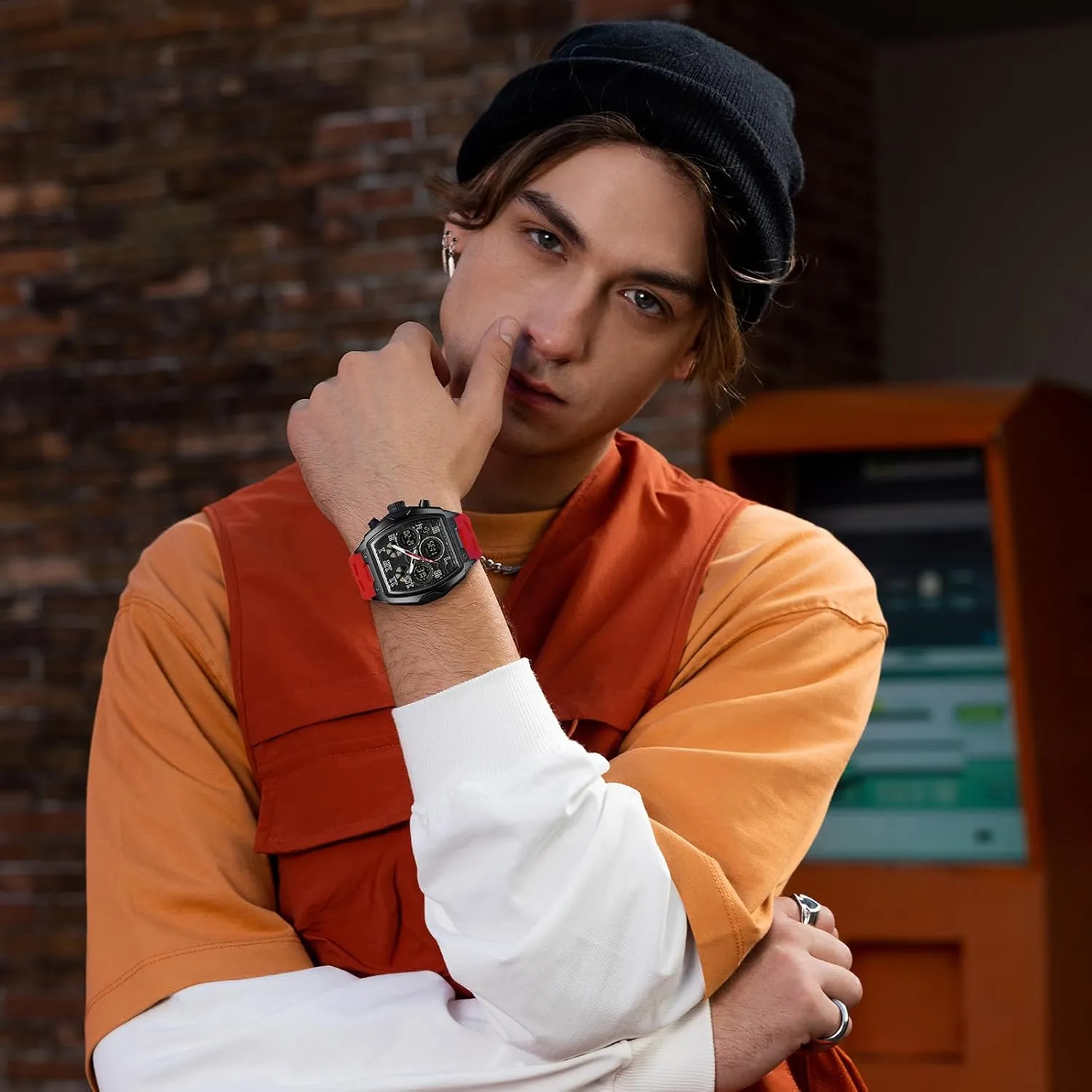 Chronograph Luminous gibbon inn photograph dispel cigar vascular Silicon Strap findtime Mens Watches Square Rectangle Dial Watch for Men Waterproof White Relojes para Hombres Punk Cool Design 
