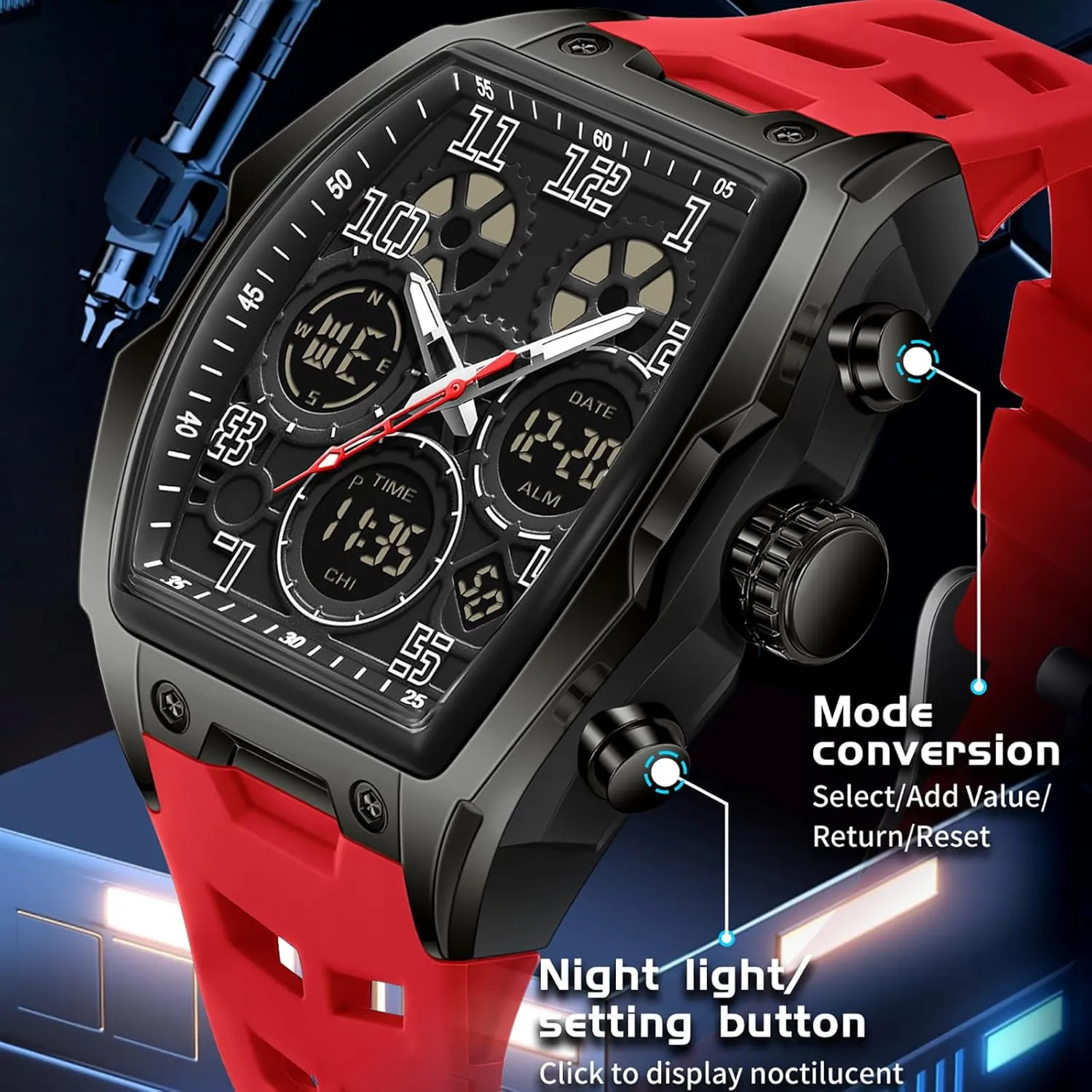 Chronograph Luminous gibbon inn photograph dispel cigar vascular Silicon Strap findtime Mens Watches Square Rectangle Dial Watch for Men Waterproof White Relojes para Hombres Punk Cool Design 