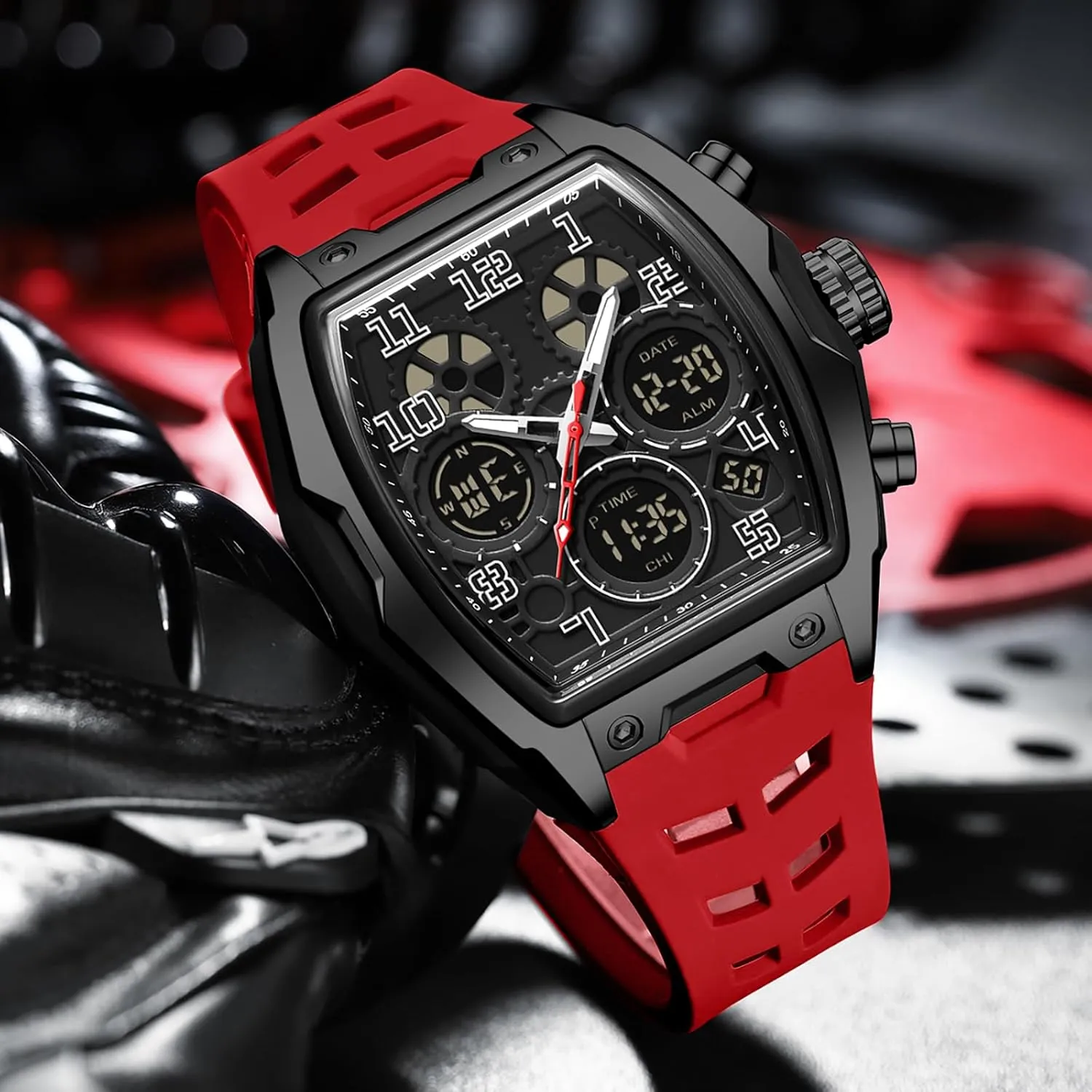 Chronograph Luminous gibbon inn photograph dispel cigar vascular Silicon Strap findtime Mens Watches Square Rectangle Dial Watch for Men Waterproof White Relojes para Hombres Punk Cool Design 
