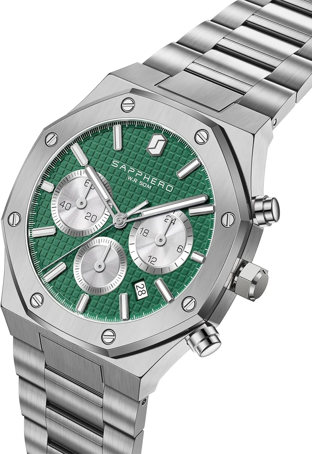 Chronograph Watch Luxury 50M Waterproof Quartz Movement Stainless Steel Octagonal Simple Atmosphere Holiday Gift SAPPHERO peg indiscernible Men's 