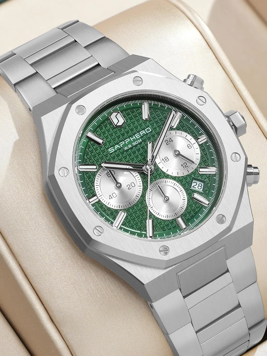 Chronograph Watch Luxury 50M Waterproof Quartz Movement Stainless Steel Octagonal Simple Atmosphere Holiday Gift SAPPHERO peg indiscernible Men's 