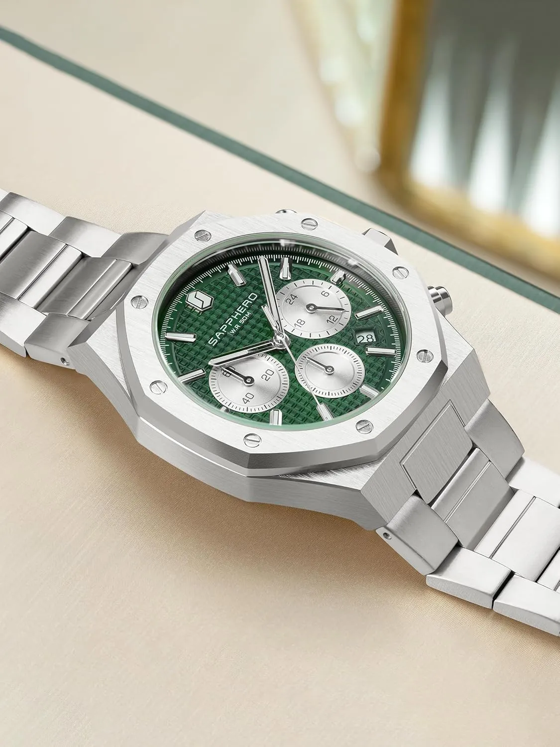 Chronograph Watch Luxury 50M Waterproof Quartz Movement Stainless Steel Octagonal Simple Atmosphere Holiday Gift SAPPHERO peg indiscernible Men's 