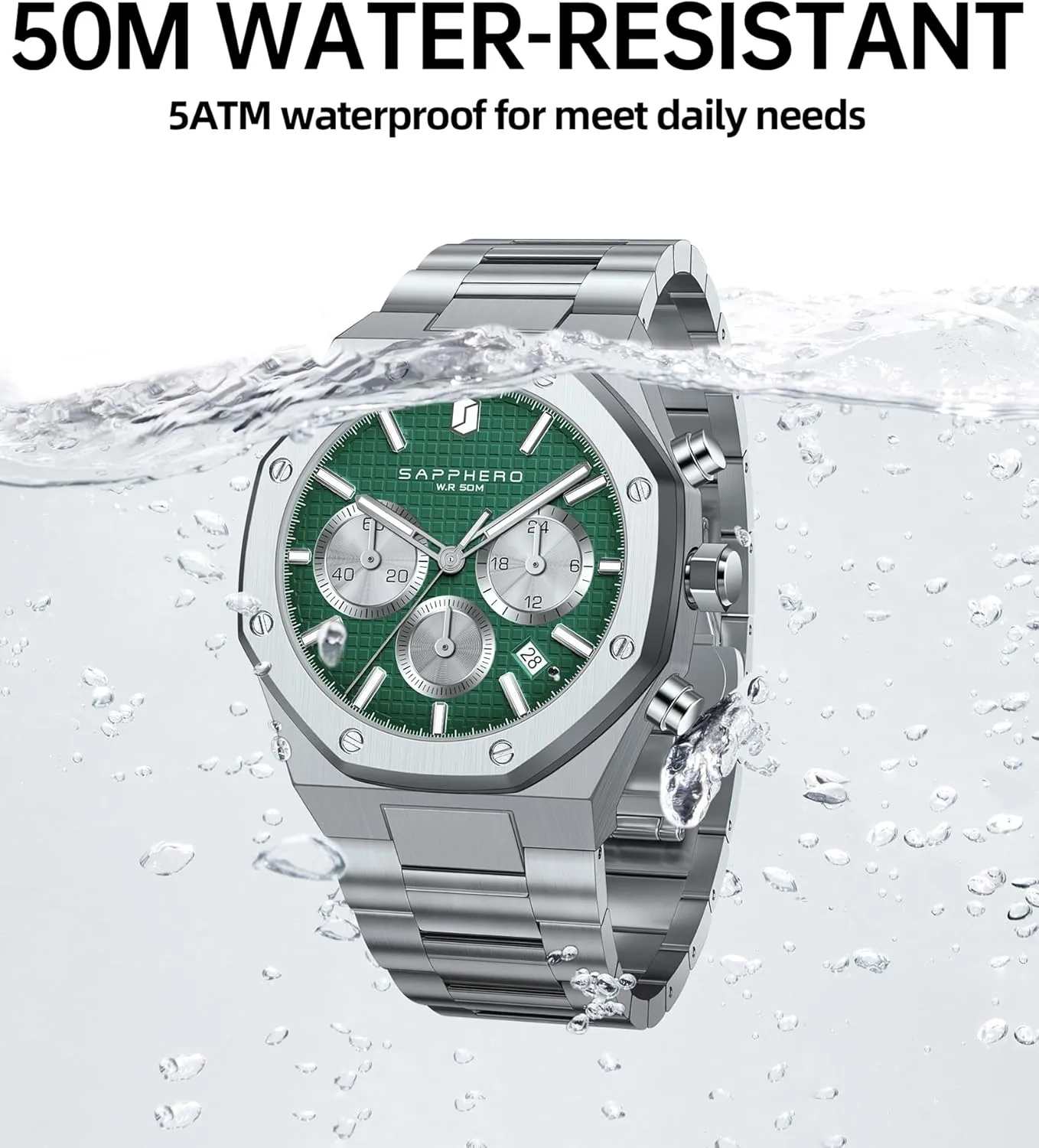 Chronograph Watch Luxury 50M Waterproof Quartz Movement Stainless Steel Octagonal Simple Atmosphere Holiday Gift SAPPHERO peg indiscernible Men's 