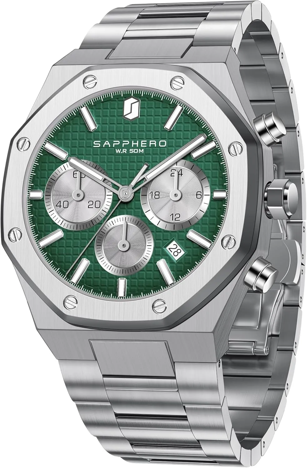 Chronograph Watch Luxury 50M Waterproof Quartz Movement Stainless Steel Octagonal Simple Atmosphere Holiday Gift SAPPHERO peg indiscernible Men's 