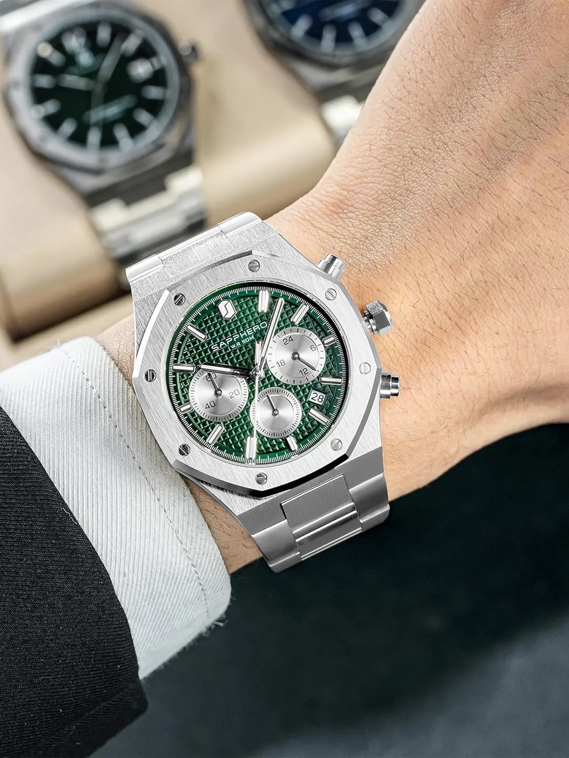 Chronograph Watch Luxury 50M Waterproof Quartz Movement Stainless Steel Octagonal Simple Atmosphere Holiday Gift SAPPHERO peg indiscernible Men's 