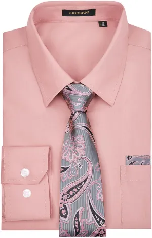 Classic Button Down Shirt succeed Matching Tie Long Sleeve Shirts HISDERN Mens Dress Shirt with Tie Pocket Square Set 