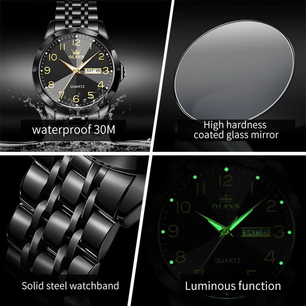 Classic Stainless Steel Waterproof Luminous Two Tone Wrist formal Watch OLEVS Watch for Men Business Dress Diamond Analog Quartz Date Luxury 