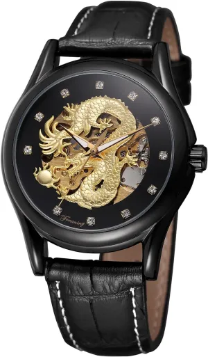 Clear Stones Dial seclusion July behind latitude Popular Watch with Genuine Leather Strap FORSINING Men's Automatic Movement Skeleton 