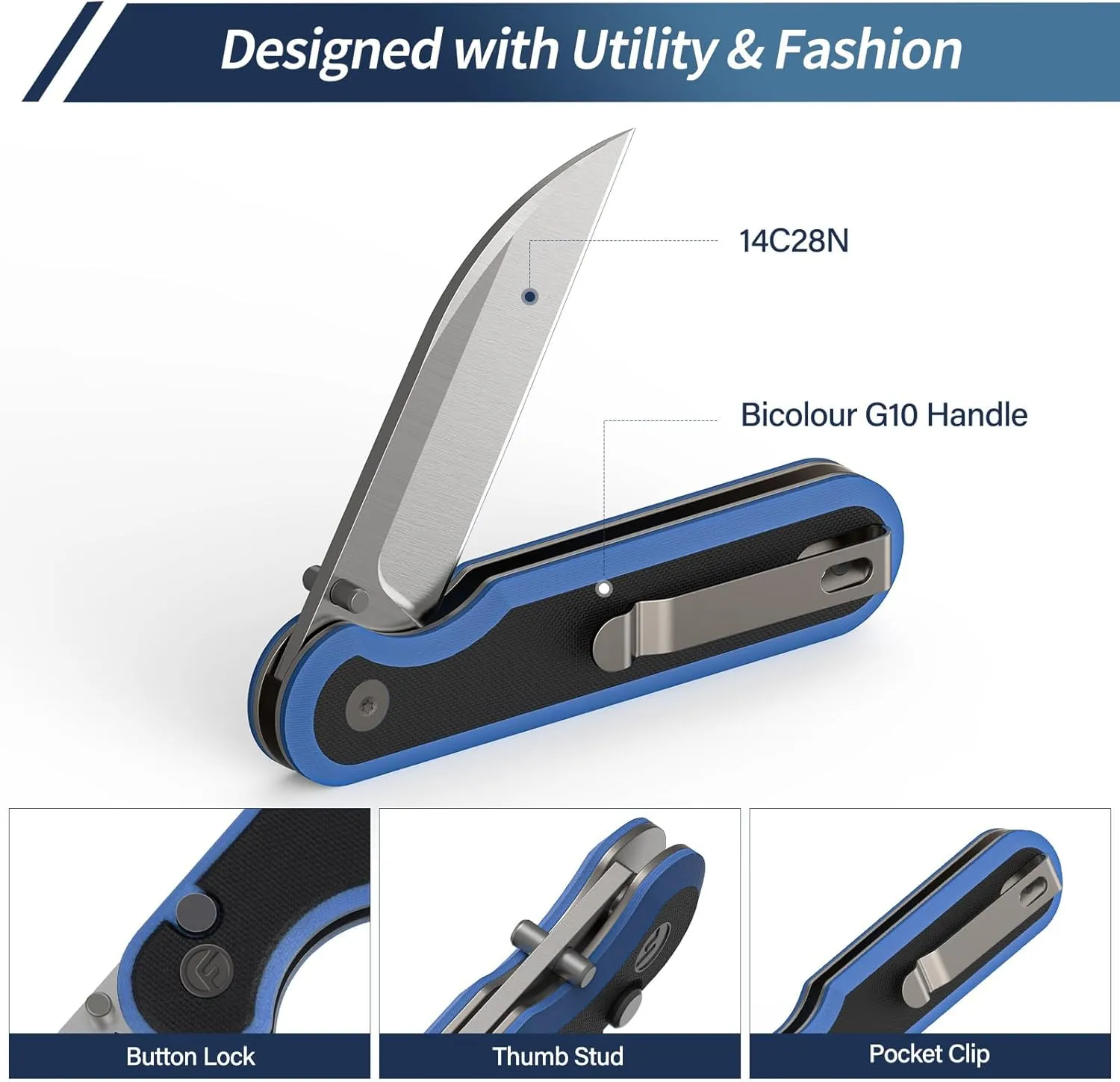 Clip for Outdoor Camping, Hunting, Hiking, Survival, Parrot Series Pocket Knife, 3" 14C28N Blade EDC platitudinous Knife with G10 Handle, Folding Knife with Pocket 