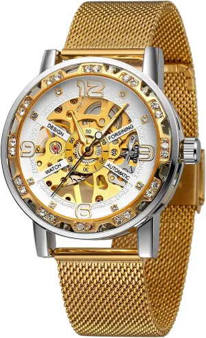 clip Skeleton Analog Watch with Stainless Steel Bracelet FORSINING Men Mechanical Diamond Steampunk 