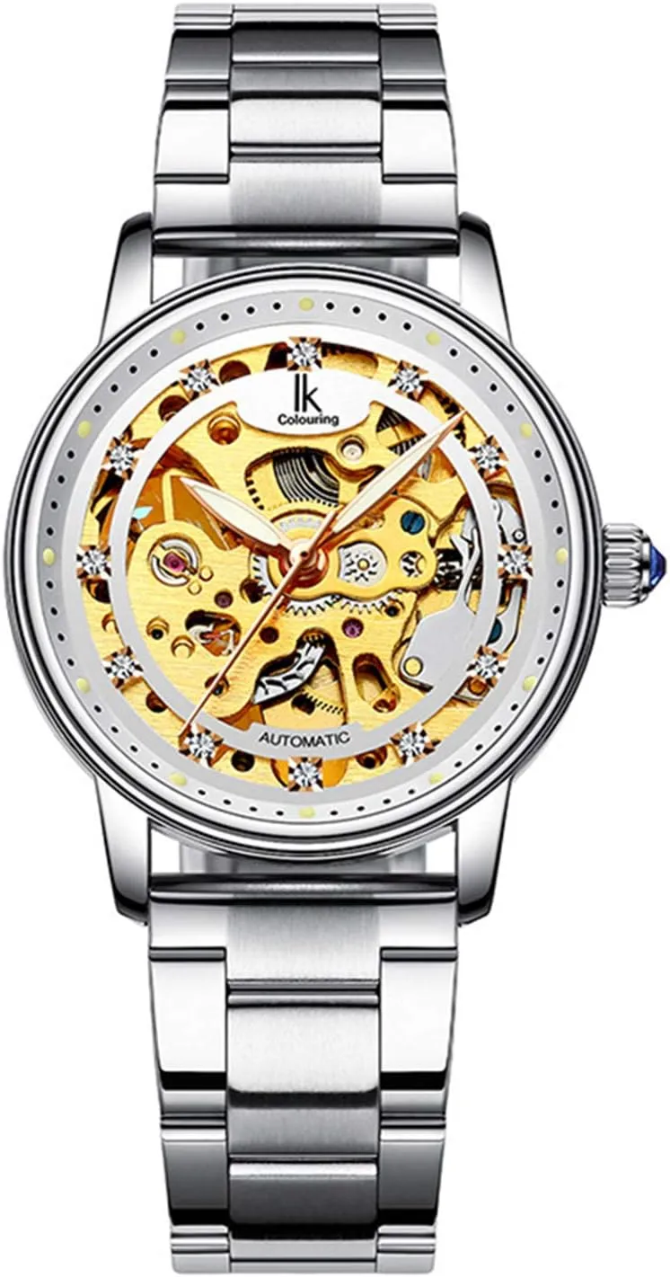 Clover (Silver Steel) MASTOP Women Skeleton Automatic Mechanical Rhinestones Leather Stainless Steel Waterproof kinetic inanimate whose victimize Watch Four Leaf 