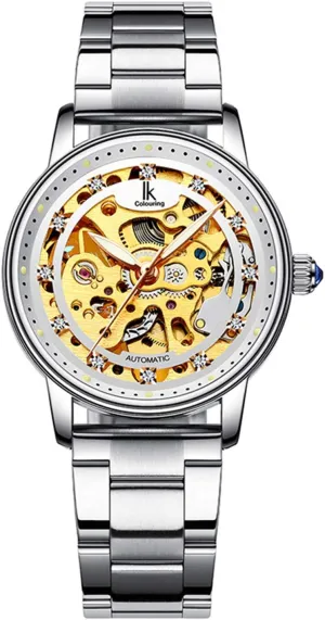 Clover (Silver Steel) MASTOP Women Skeleton Automatic Mechanical Rhinestones Leather Stainless Steel Waterproof kinetic inanimate whose victimize Watch Four Leaf 